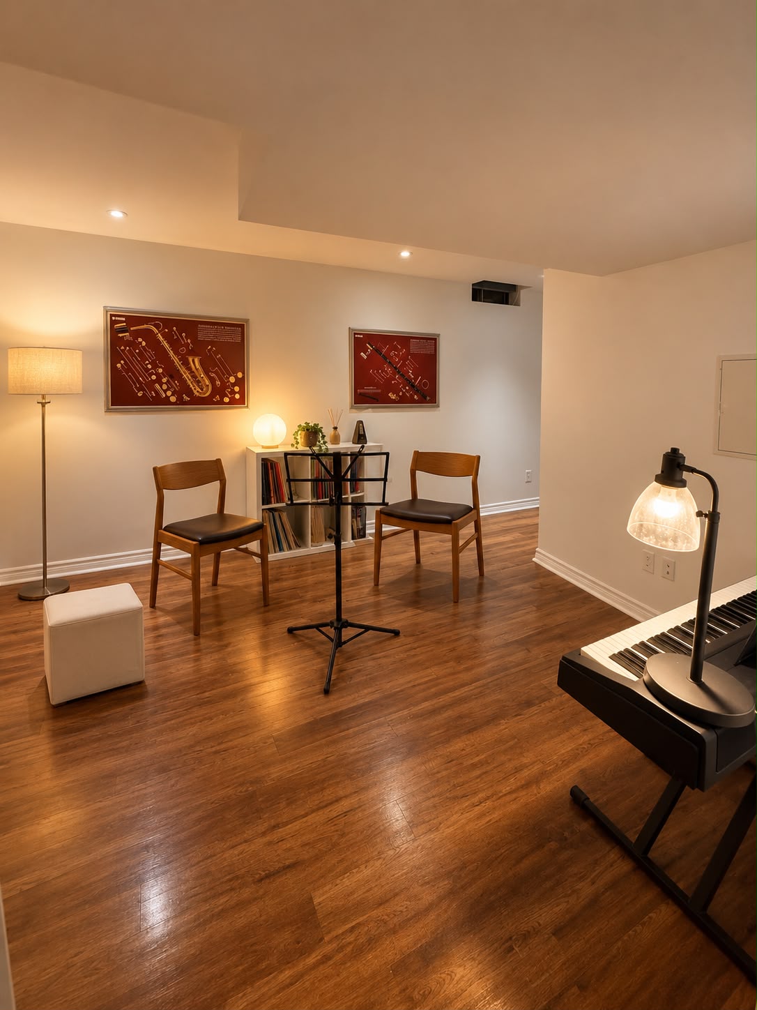 Sahar's music studio in Aurora: lesson chairs, music stand, keyboard and sheet music shelves